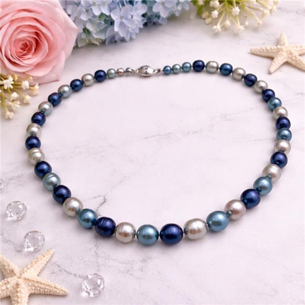 Genuine Freshwater Pearl Necklace Blue Gray Silver 20 Inch 925 Sterling Clasp